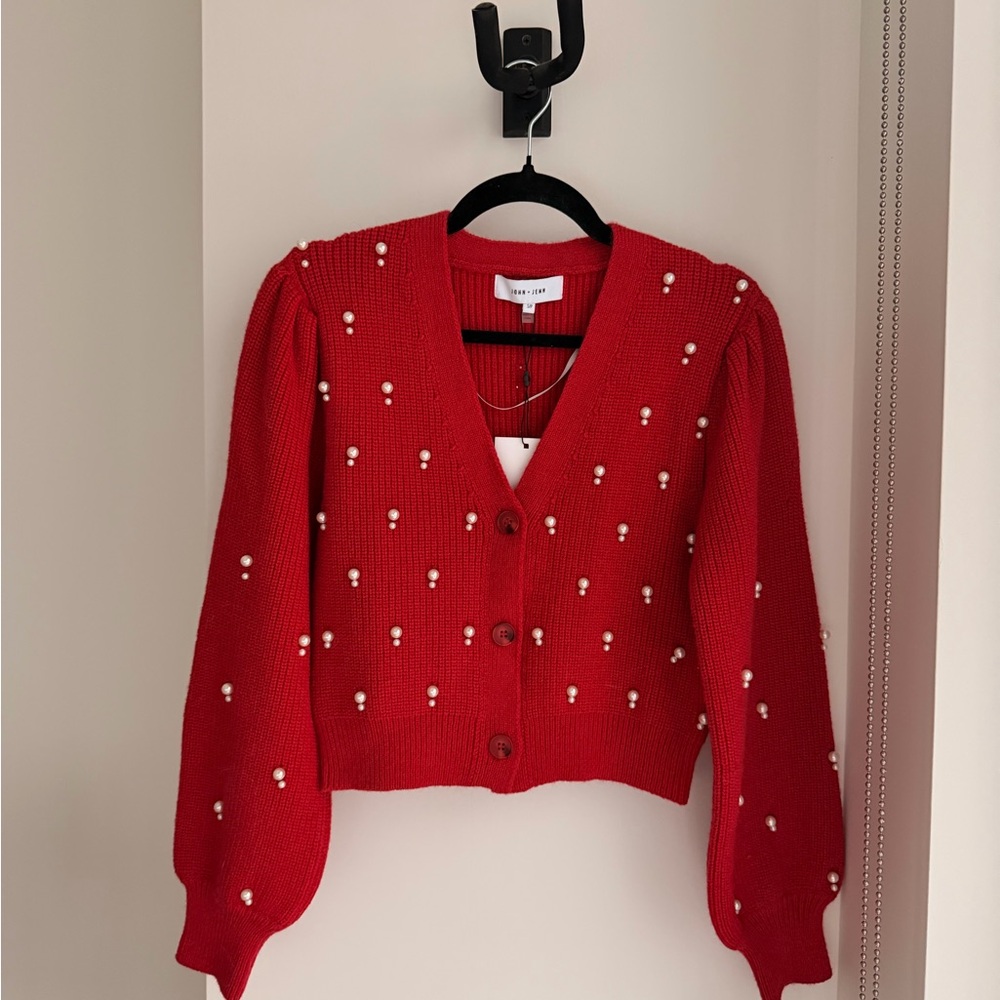 John + Jenn Red Cardigan with Pearl Details